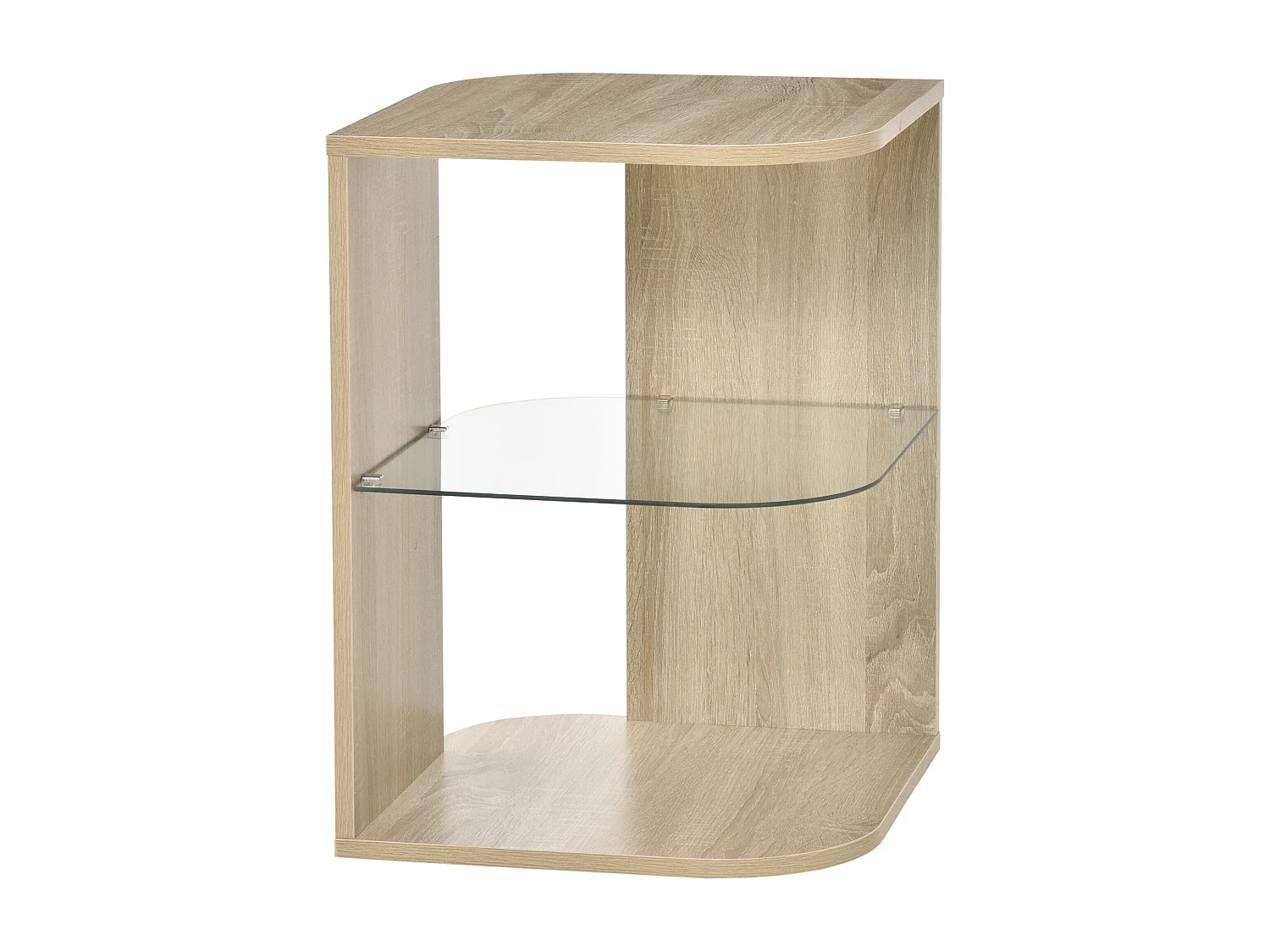 Guéridon design contemporain étagère verre trempé aspect chêne clair