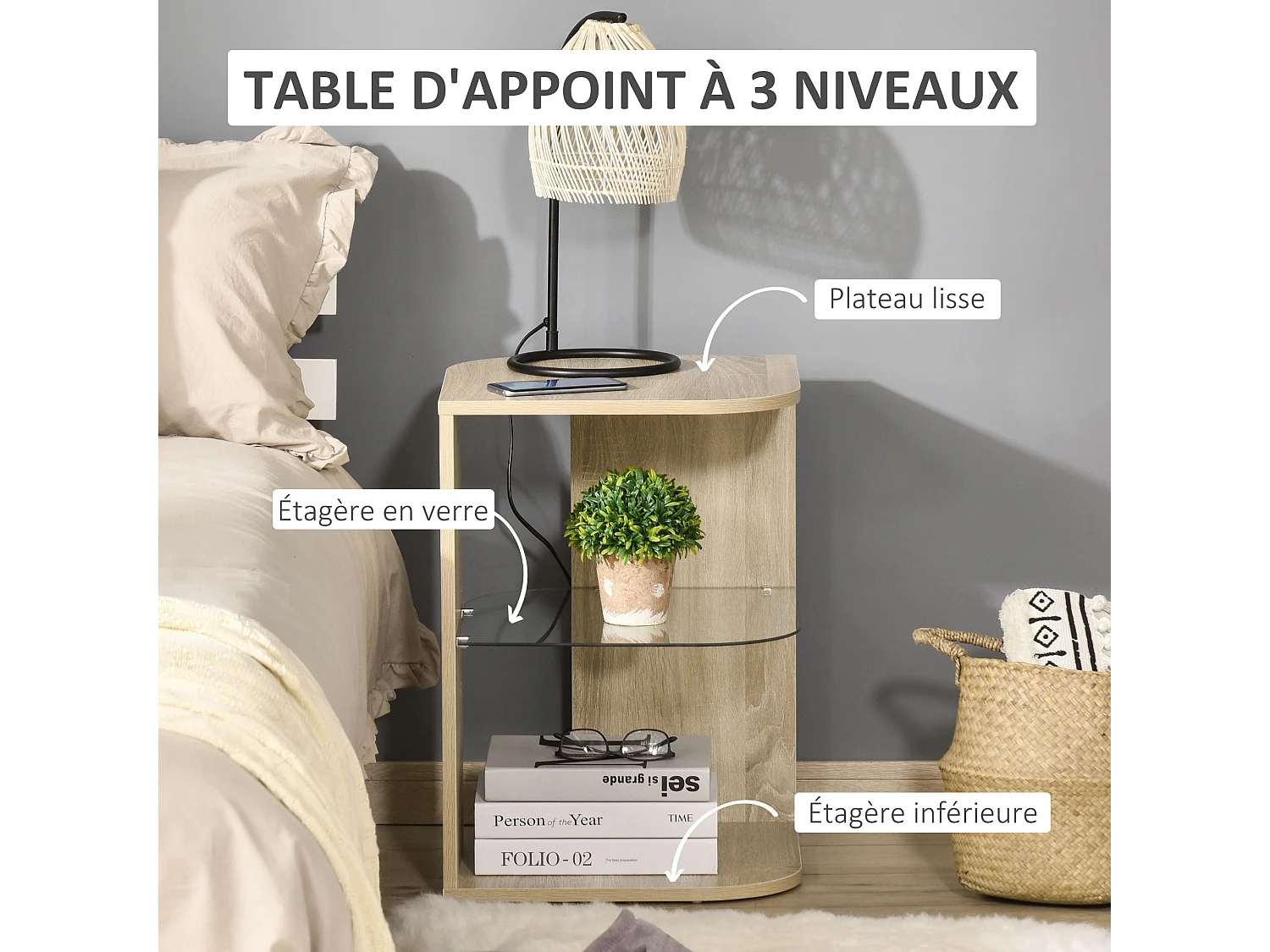 Guéridon design contemporain étagère verre trempé aspect chêne clair