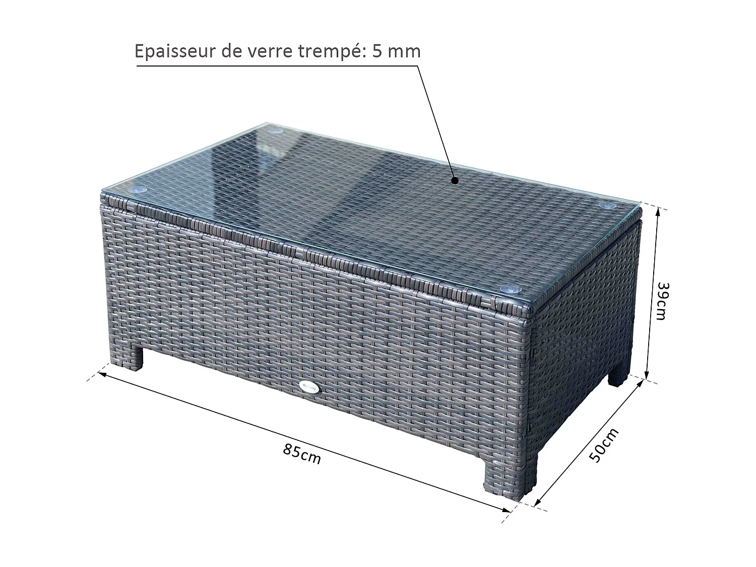 Table basse de jardin plateau verre trempé 5 mm rotin tressé 85 x 50 x 39cm Max. 50 kg marron