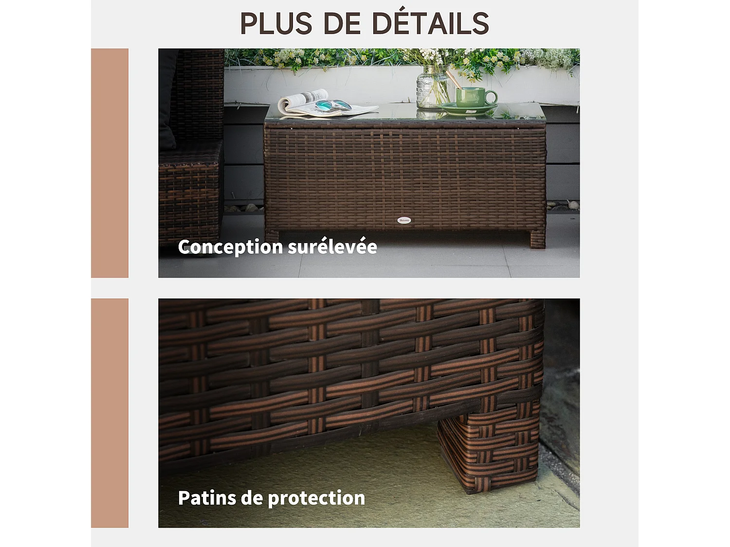 Table basse de jardin plateau verre trempé 5 mm rotin tressé 85 x 50 x 39cm Max. 50 kg marron