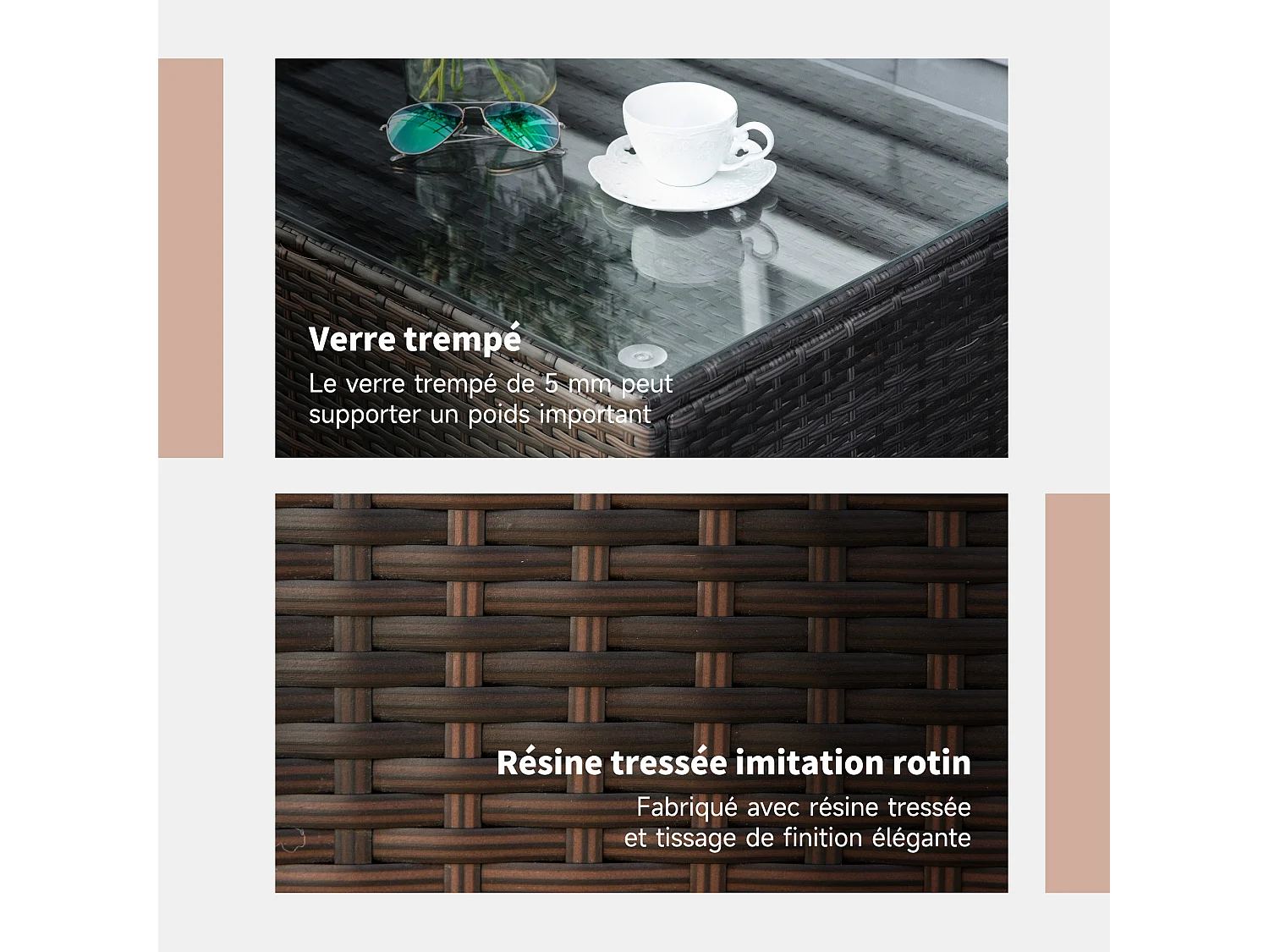 Table basse de jardin plateau verre trempé 5 mm rotin tressé 85 x 50 x 39cm Max. 50 kg marron