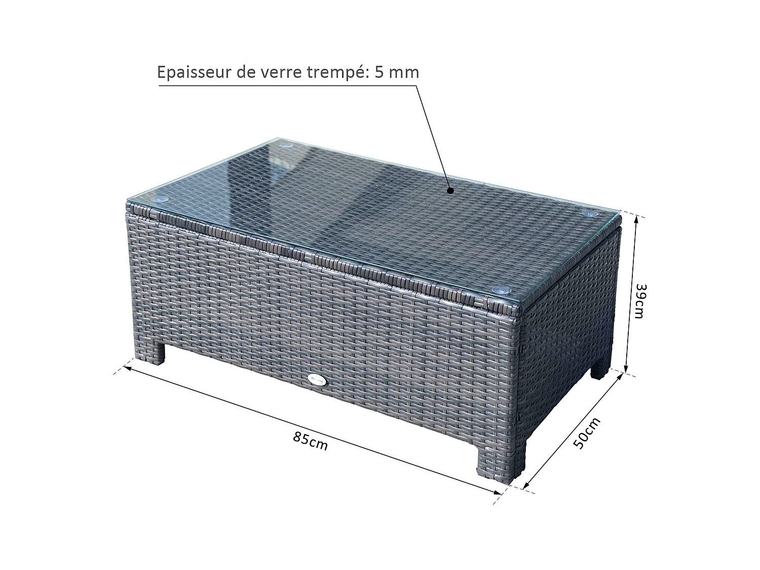 Table basse de jardin plateau verre trempé 5 mm rotin tressé 85 x 50 x 39cm Max. 50 kg marron