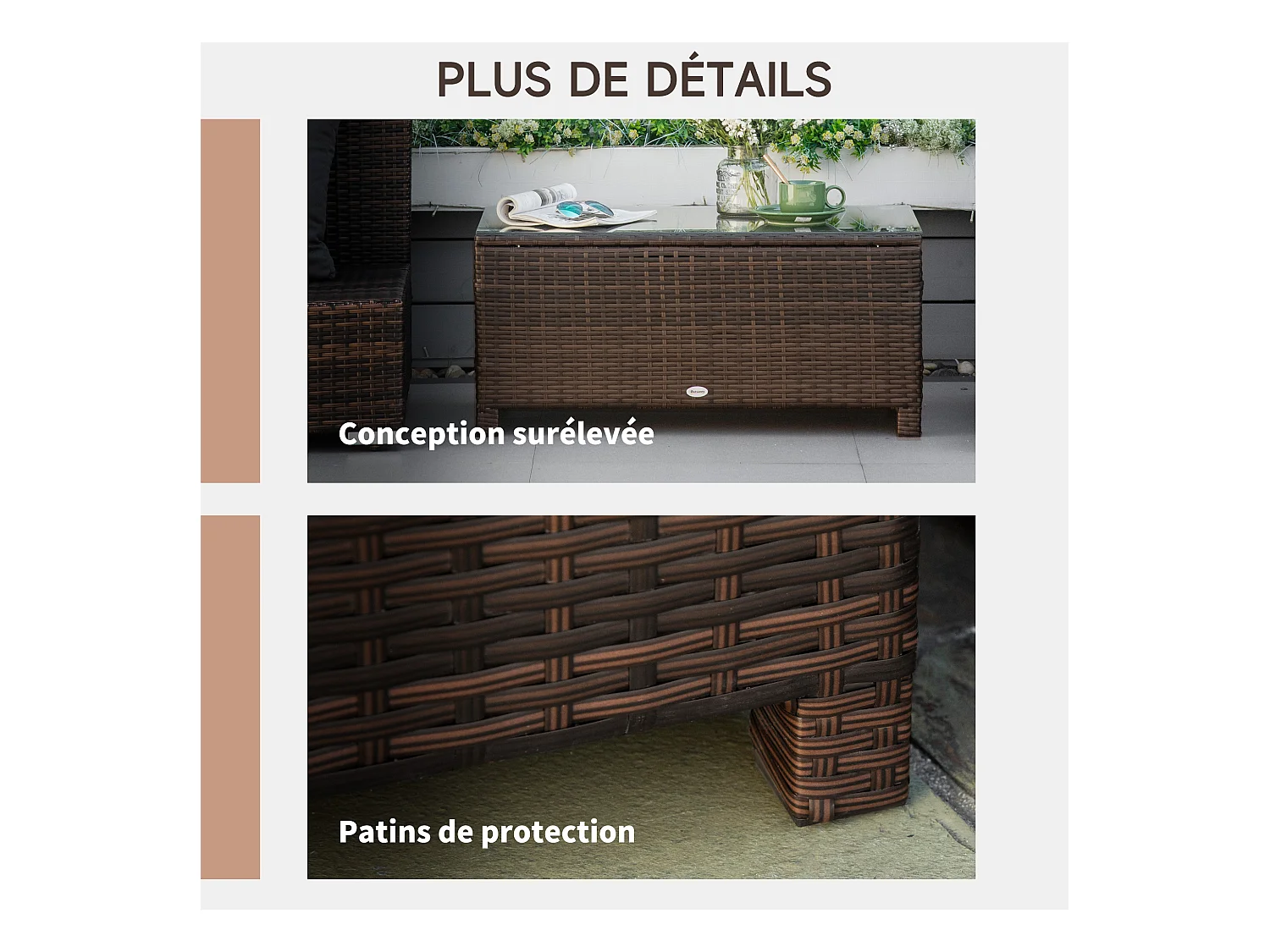 Table basse de jardin plateau verre trempé 5 mm rotin tressé 85 x 50 x 39cm Max. 50 kg marron