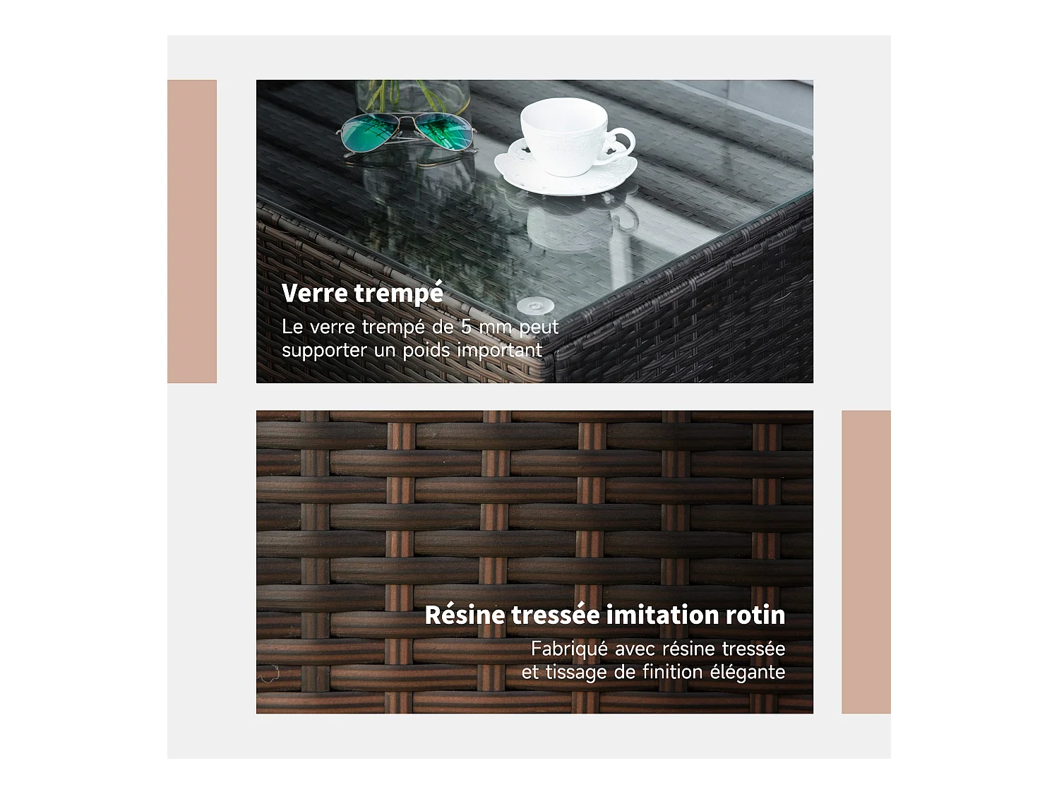 Table basse de jardin plateau verre trempé 5 mm rotin tressé 85 x 50 x 39cm Max. 50 kg marron