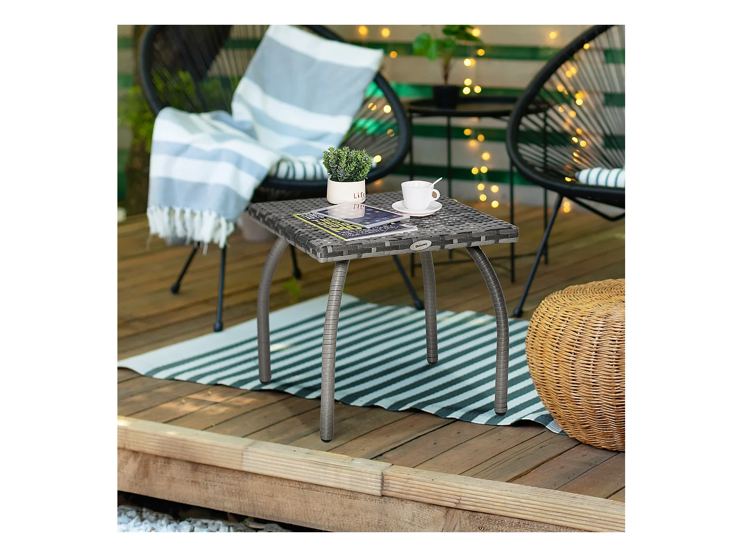 Table basse de jardin style cosy chic table d'appoint métal époxy résine tressée imitation rotin gris