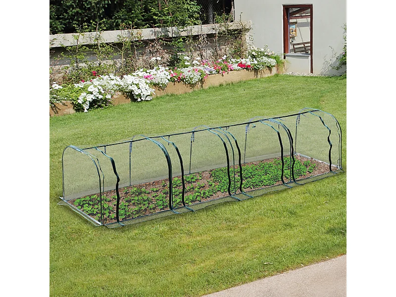 Serre de jardin tunnel 3,95L x 1l x 0,8H m 4 portes zippées bâche PVC transparent acier thermolaqué vert