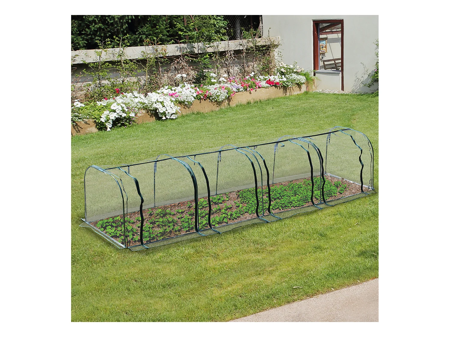Serre de jardin tunnel 3,95L x 1l x 0,8H m 4 portes zippées bâche PVC transparent acier thermolaqué vert