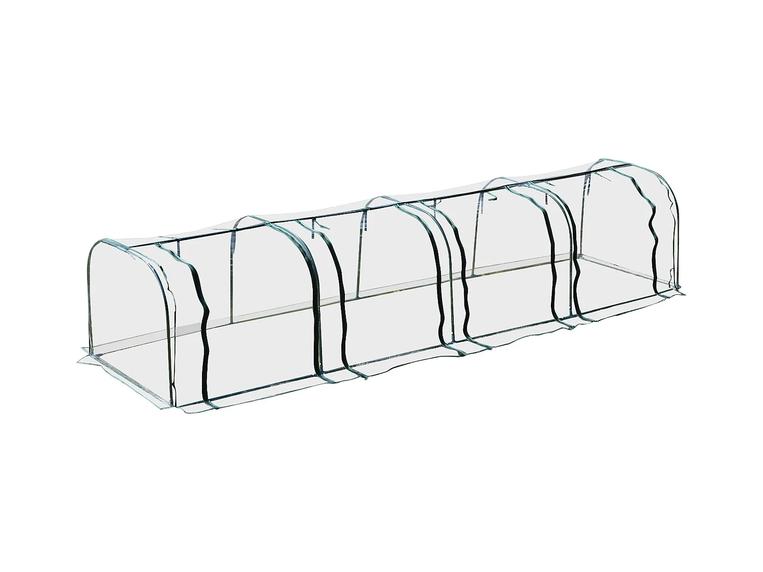 Serre de jardin tunnel 3,95L x 1l x 0,8H m 4 portes zippées bâche PVC transparent acier thermolaqué vert