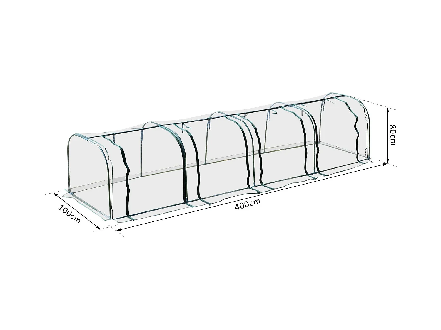 Serre de jardin tunnel 3,95L x 1l x 0,8H m 4 portes zippées bâche PVC transparent acier thermolaqué vert