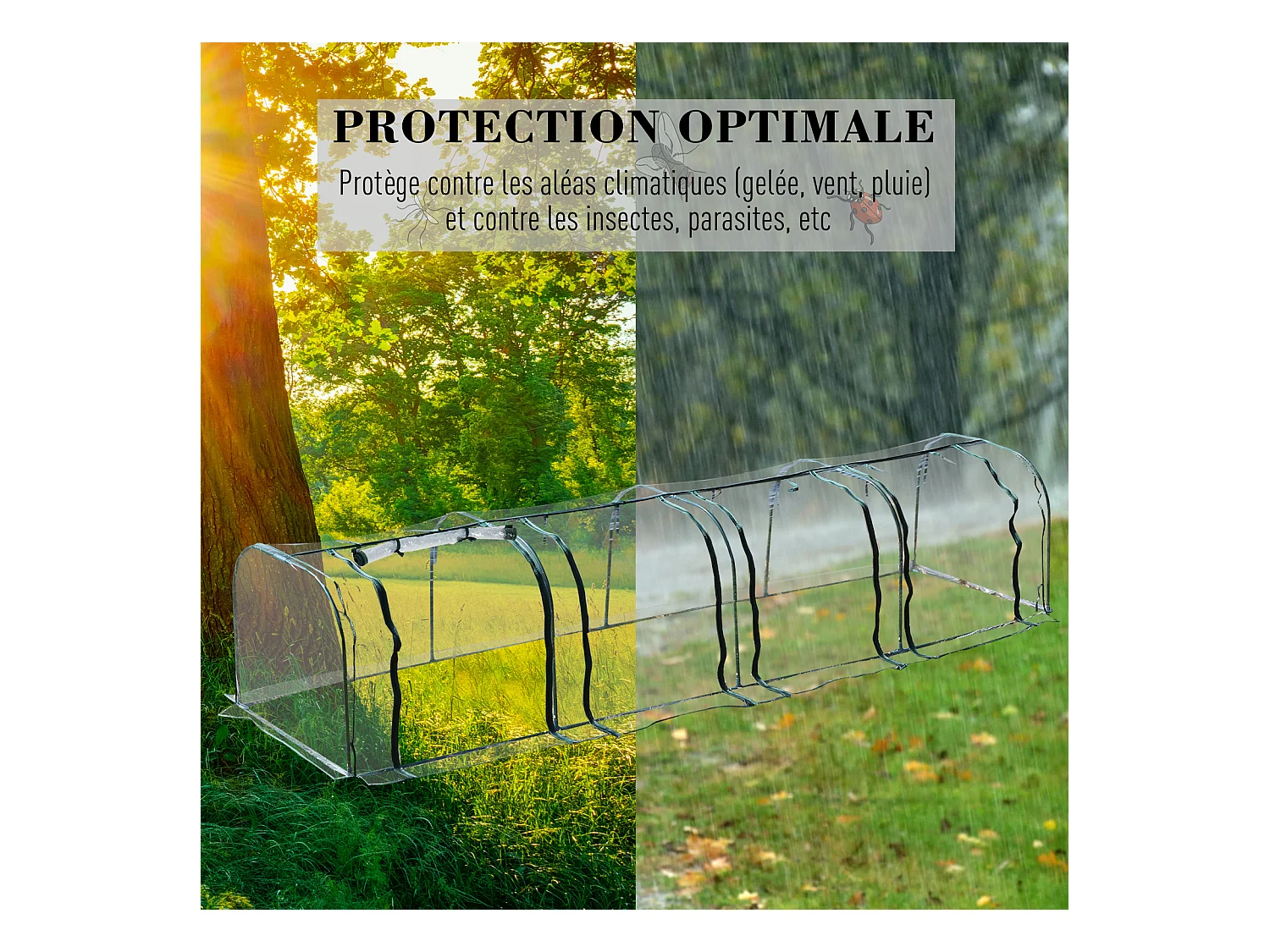 Serre de jardin tunnel 3,95L x 1l x 0,8H m 4 portes zippées bâche PVC transparent acier thermolaqué vert