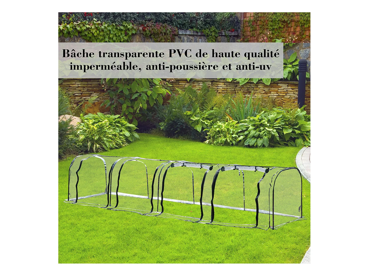 Serre de jardin tunnel 3,95L x 1l x 0,8H m 4 portes zippées bâche PVC transparent acier thermolaqué vert