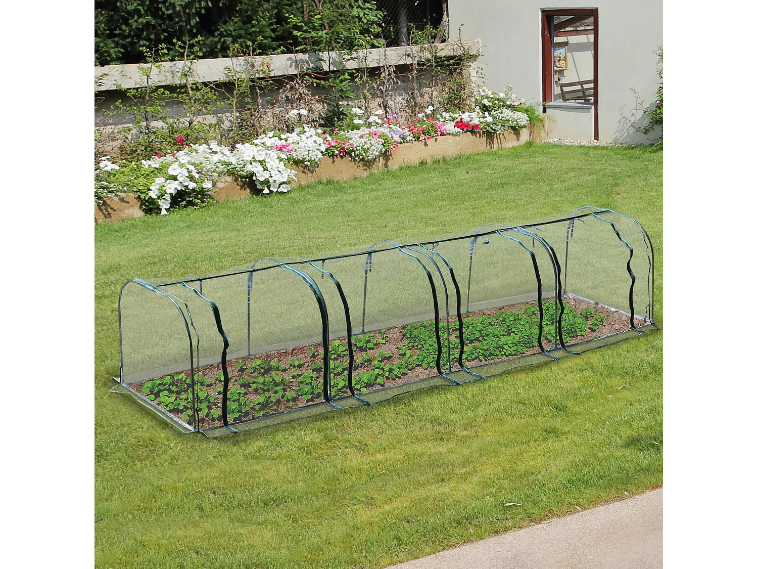 Serre de jardin tunnel 3,95L x 1l x 0,8H m 4 portes zippées bâche PVC transparent acier thermolaqué vert