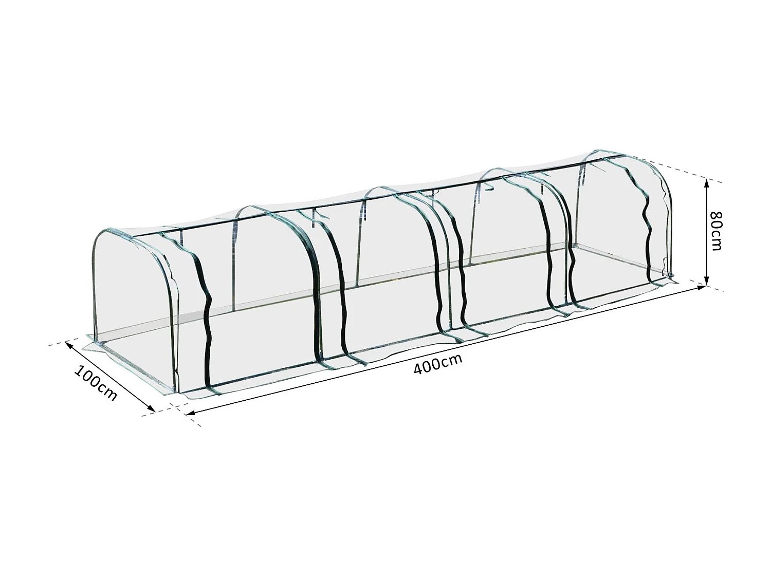 Serre de jardin tunnel 3,95L x 1l x 0,8H m 4 portes zippées bâche PVC transparent acier thermolaqué vert