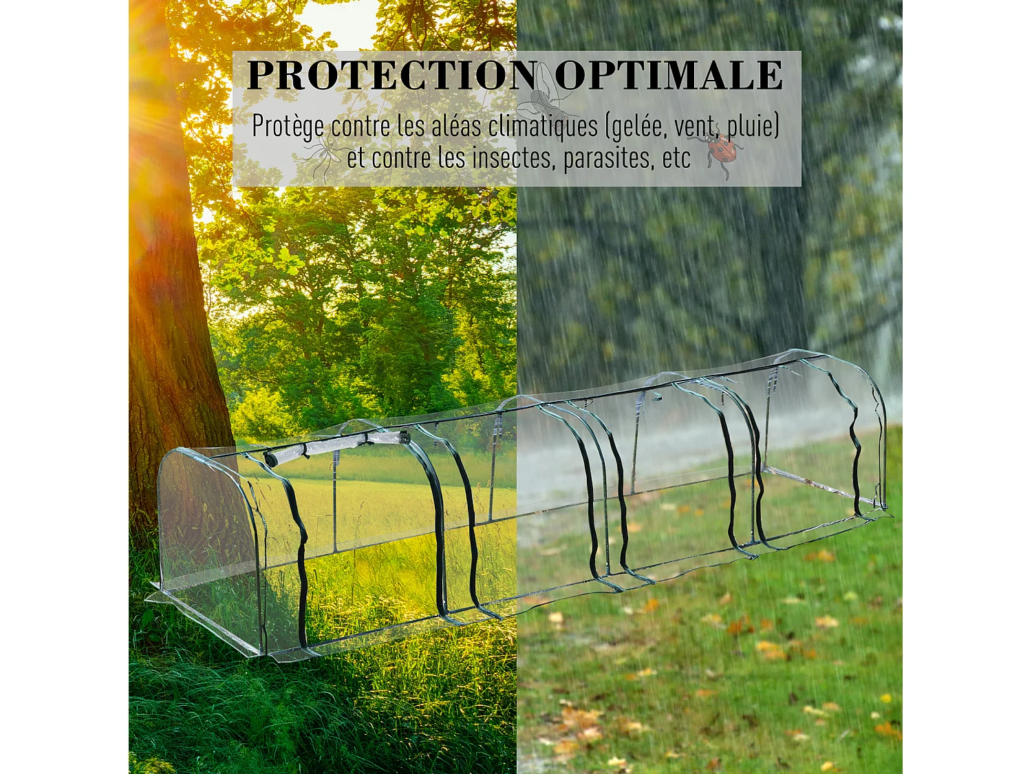 Serre de jardin tunnel 3,95L x 1l x 0,8H m 4 portes zippées bâche PVC transparent acier thermolaqué vert