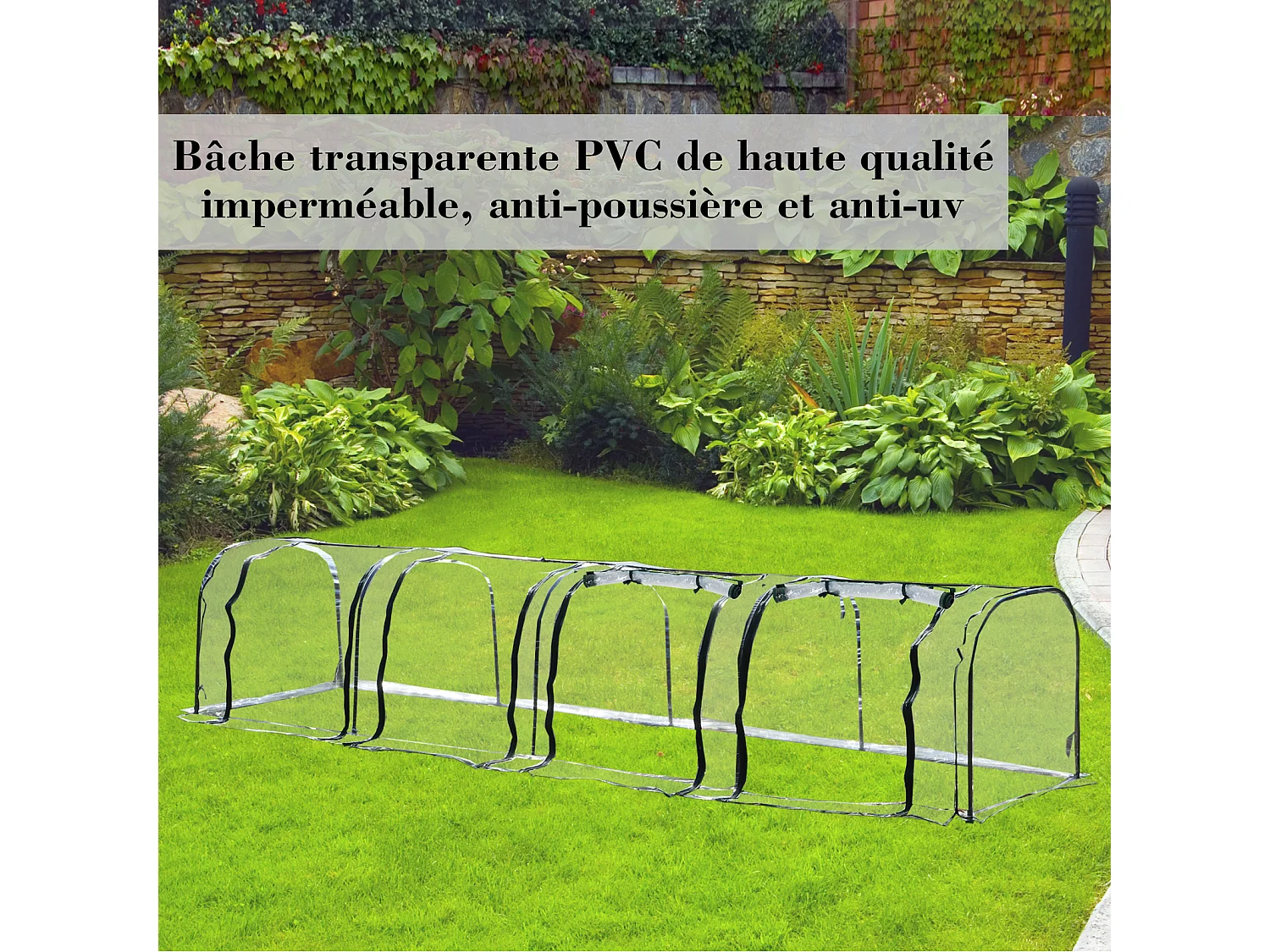Serre de jardin tunnel 3,95L x 1l x 0,8H m 4 portes zippées bâche PVC transparent acier thermolaqué vert