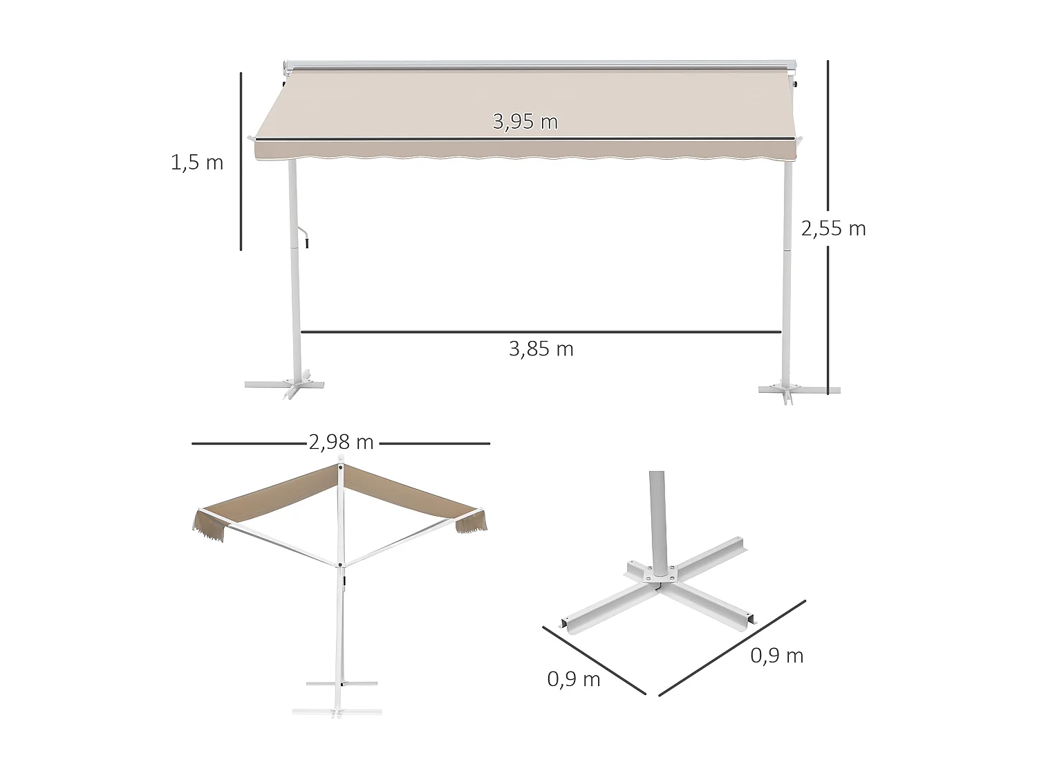 Store double pente manuel rétractable inclinaison réglable métal époxy blanc polyester imperméabilisé anti-UV beige dim. 3,95L x 2,98l x 2,55H m