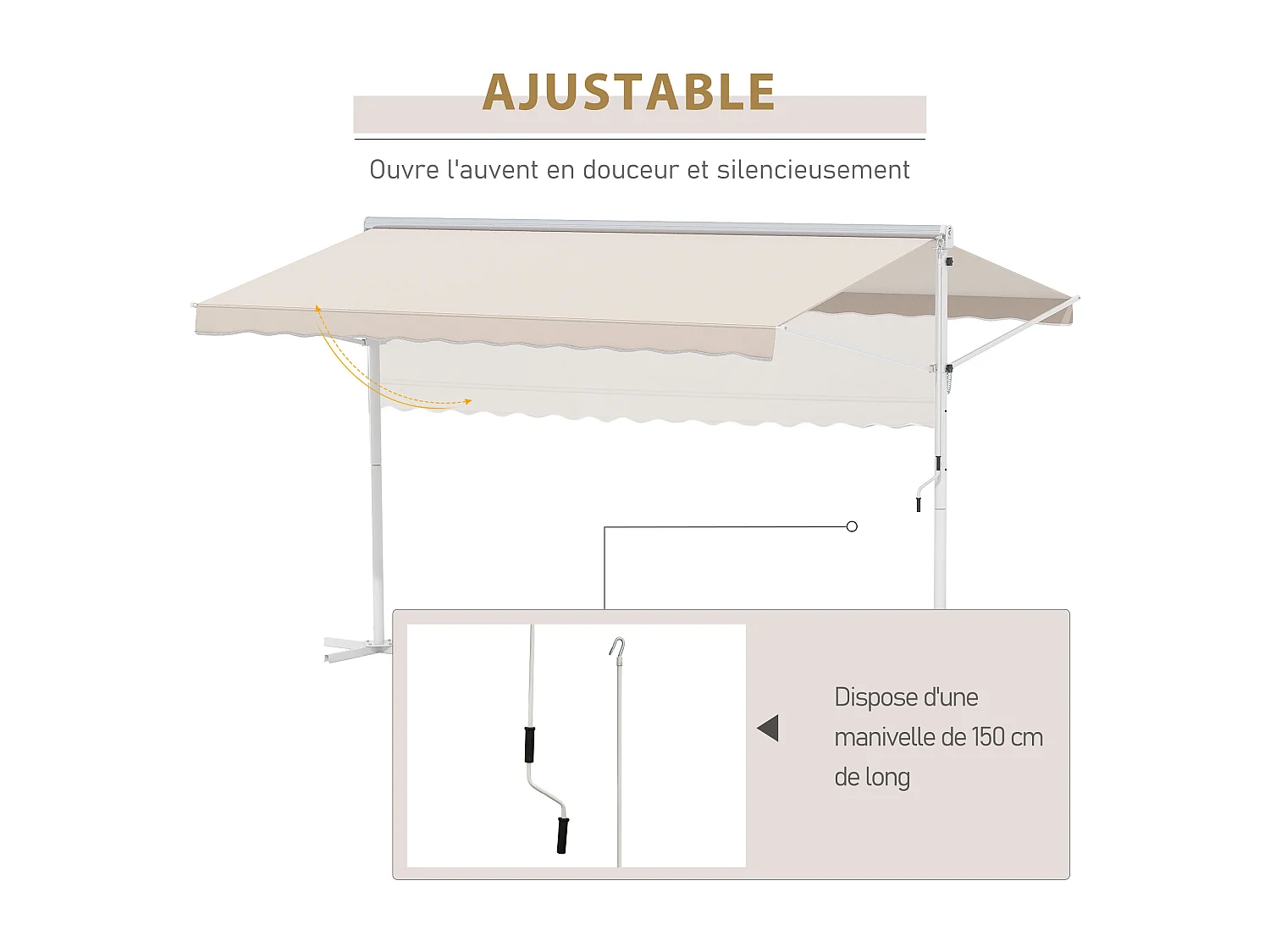 Store double pente manuel rétractable inclinaison réglable métal époxy blanc polyester imperméabilisé anti-UV beige dim. 3,95L x 2,98l x 2,55H m