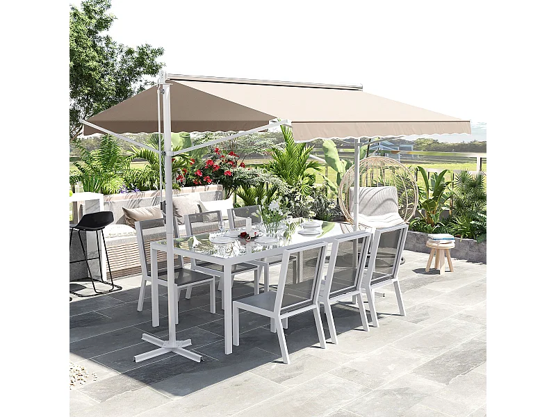 Store double pente manuel rétractable inclinaison réglable acier époxy blanc polyester imperméabilisé anti-UV beige dim. 3L x 2,95l x 2,6H m