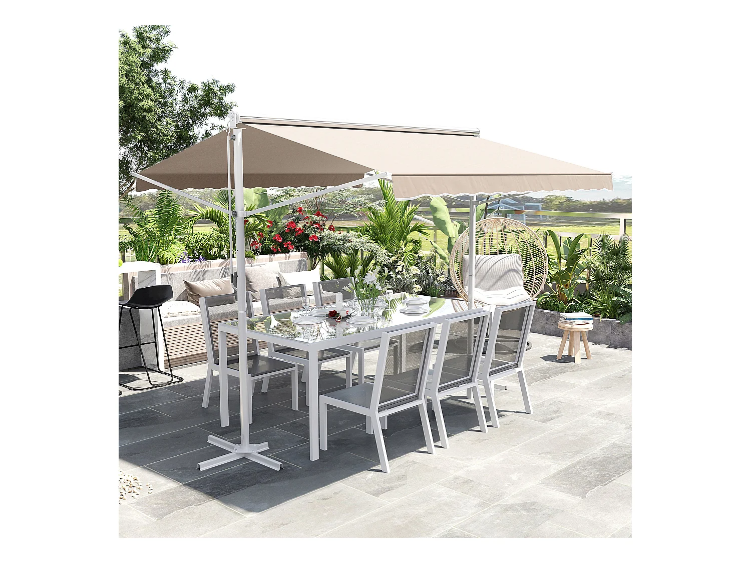 Store double pente manuel rétractable inclinaison réglable acier époxy blanc polyester imperméabilisé anti-UV beige dim. 3L x 2,95l x 2,6H m