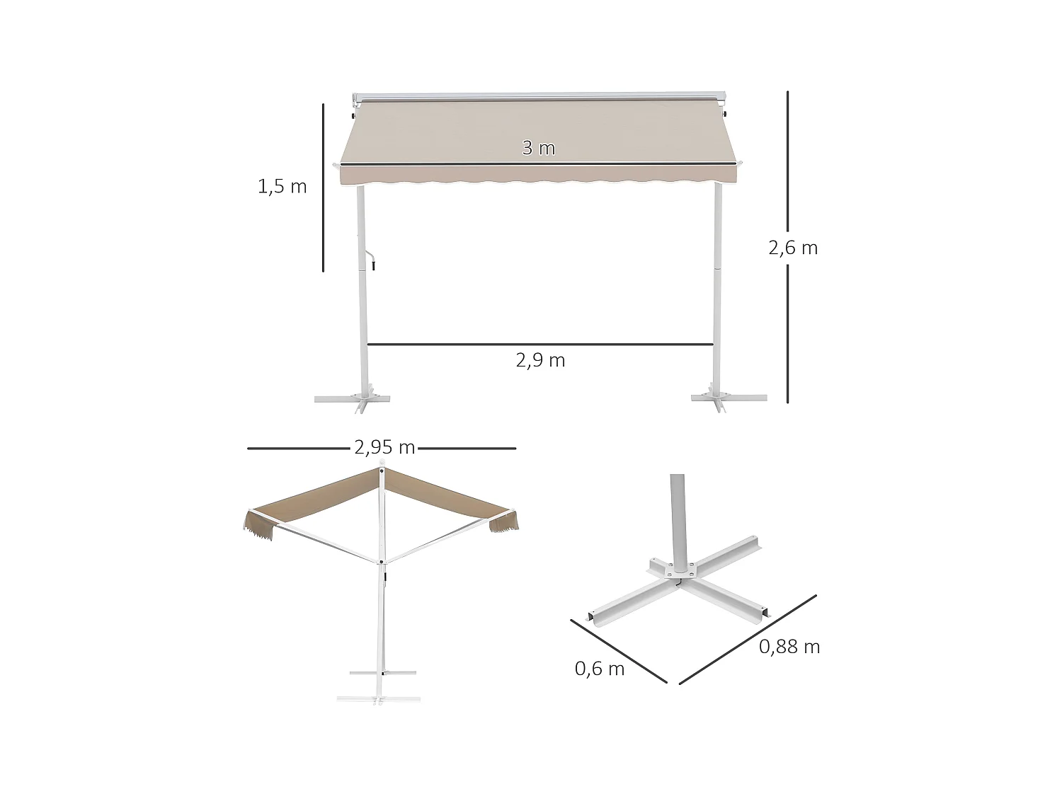 Store double pente manuel rétractable inclinaison réglable acier époxy blanc polyester imperméabilisé anti-UV beige dim. 3L x 2,95l x 2,6H m