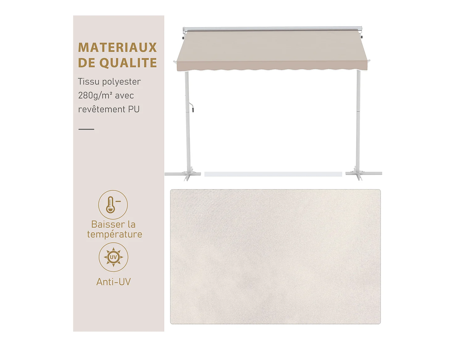 Store double pente manuel rétractable inclinaison réglable acier époxy blanc polyester imperméabilisé anti-UV beige dim. 3L x 2,95l x 2,6H m