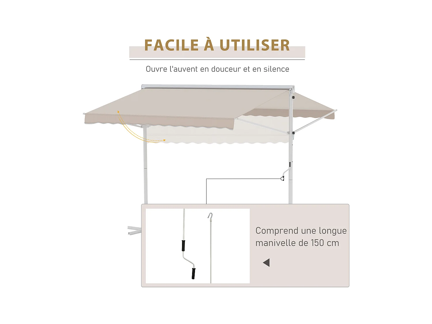 Store double pente manuel rétractable inclinaison réglable acier époxy blanc polyester imperméabilisé anti-UV beige dim. 3L x 2,95l x 2,6H m