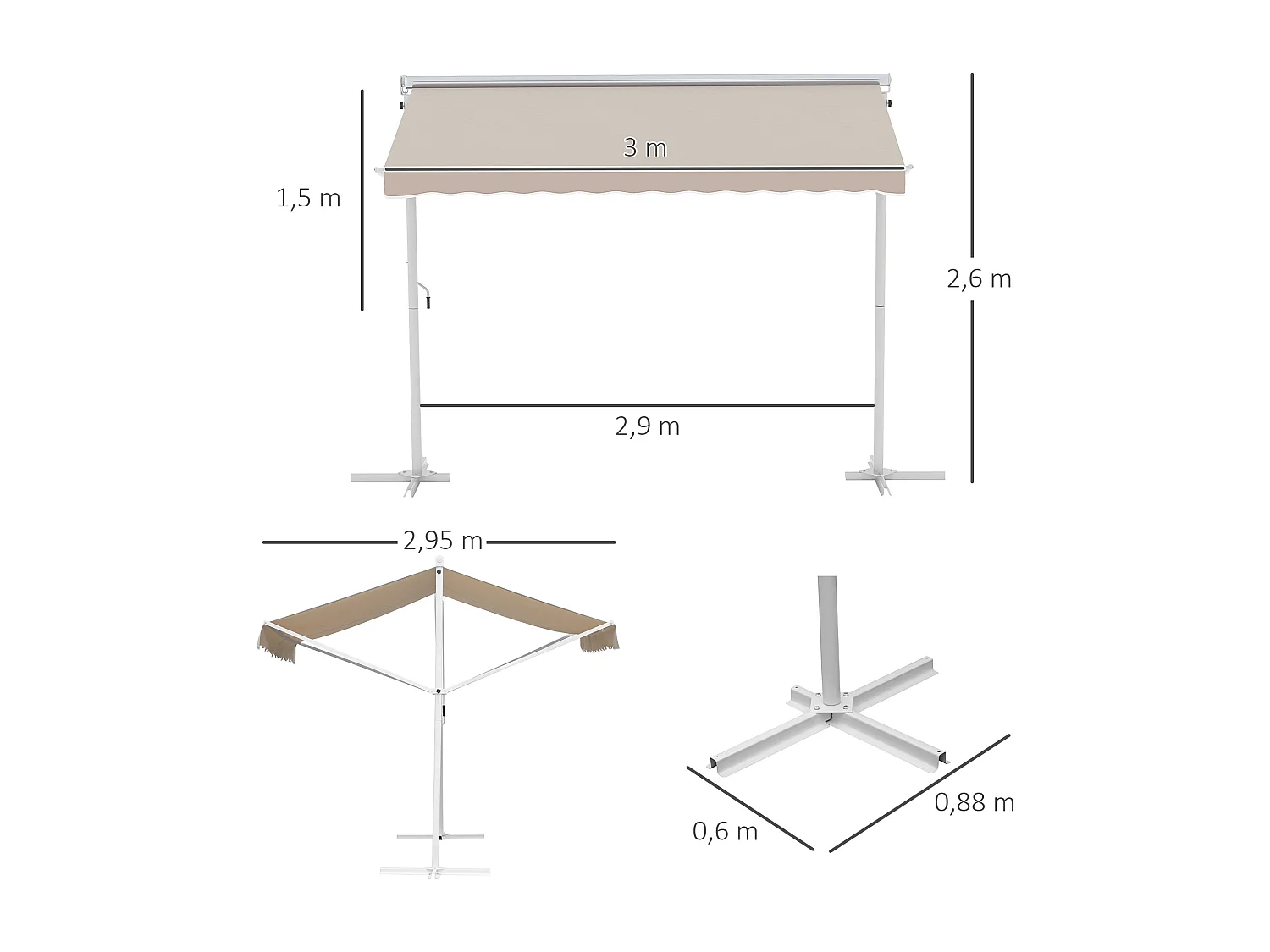 Store double pente manuel rétractable inclinaison réglable acier époxy blanc polyester imperméabilisé anti-UV beige dim. 3L x 2,95l x 2,6H m