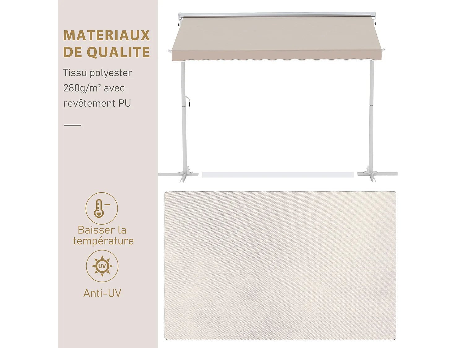 Store double pente manuel rétractable inclinaison réglable acier époxy blanc polyester imperméabilisé anti-UV beige dim. 3L x 2,95l x 2,6H m
