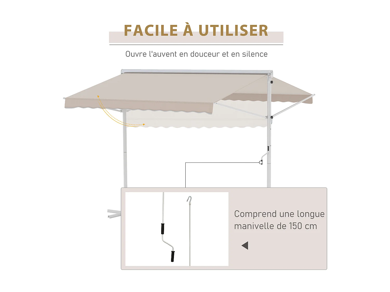 Store double pente manuel rétractable inclinaison réglable acier époxy blanc polyester imperméabilisé anti-UV beige dim. 3L x 2,95l x 2,6H m
