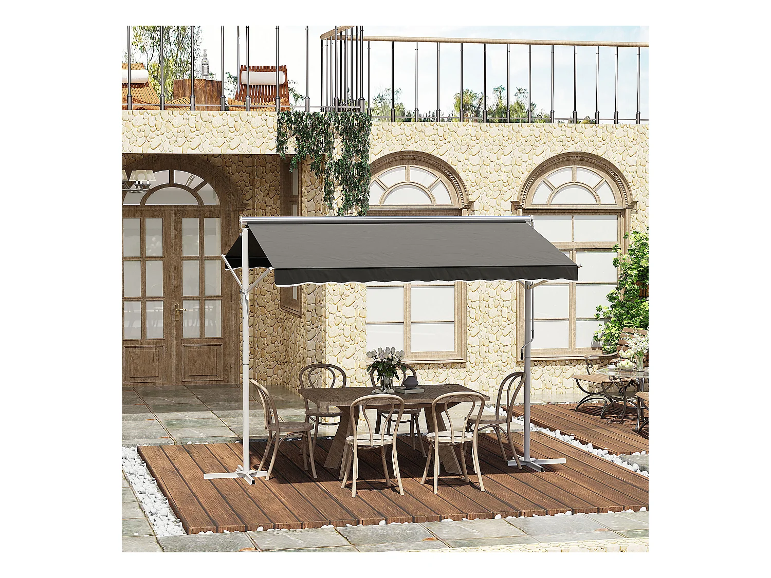 Store double pente manuel rétractable inclinaison réglable acier époxy blanc polyester imperméabilisé anti-UV gris dim. 3L x 2,95l x 2,6H m