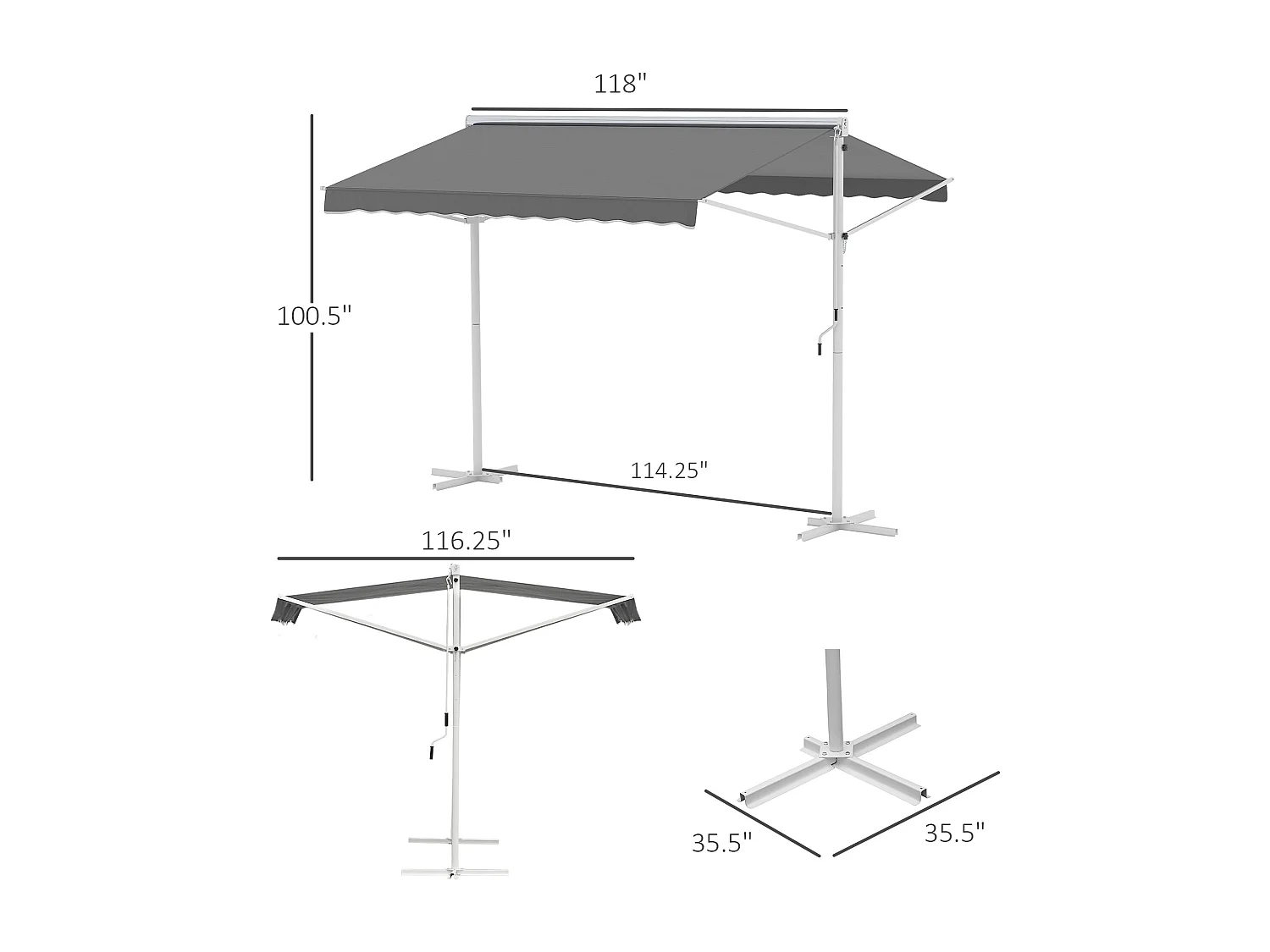 Store double pente manuel rétractable inclinaison réglable acier époxy blanc polyester imperméabilisé anti-UV gris dim. 3L x 2,95l x 2,6H m