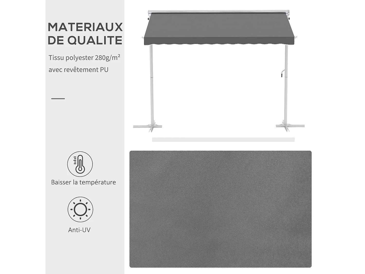 Store double pente manuel rétractable inclinaison réglable acier époxy blanc polyester imperméabilisé anti-UV gris dim. 3L x 2,95l x 2,6H m