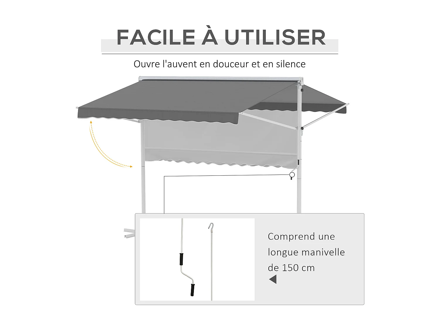 Store double pente manuel rétractable inclinaison réglable acier époxy blanc polyester imperméabilisé anti-UV gris dim. 3L x 2,95l x 2,6H m