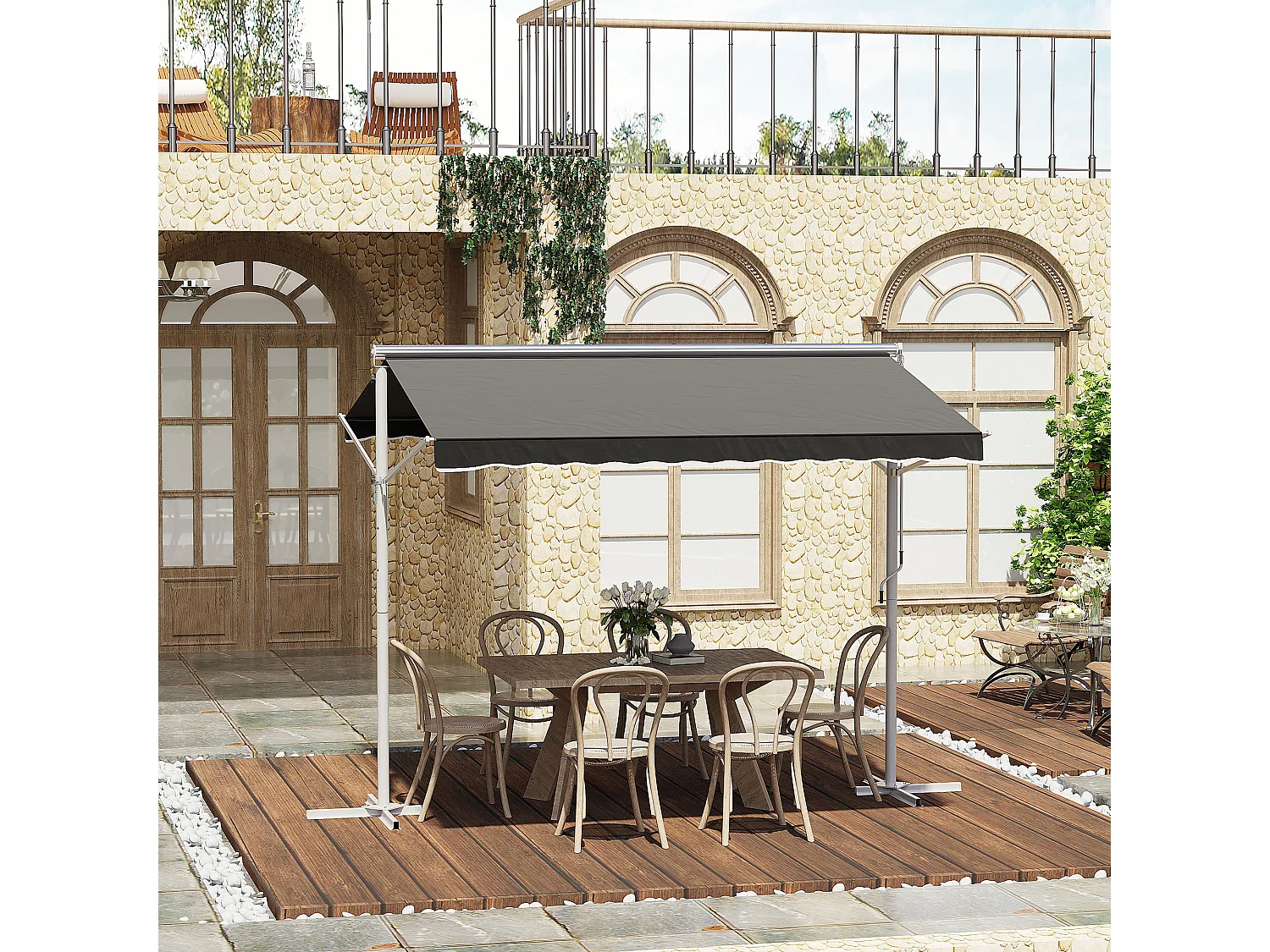 Store double pente manuel rétractable inclinaison réglable acier époxy blanc polyester imperméabilisé anti-UV gris dim. 3L x 2,95l x 2,6H m