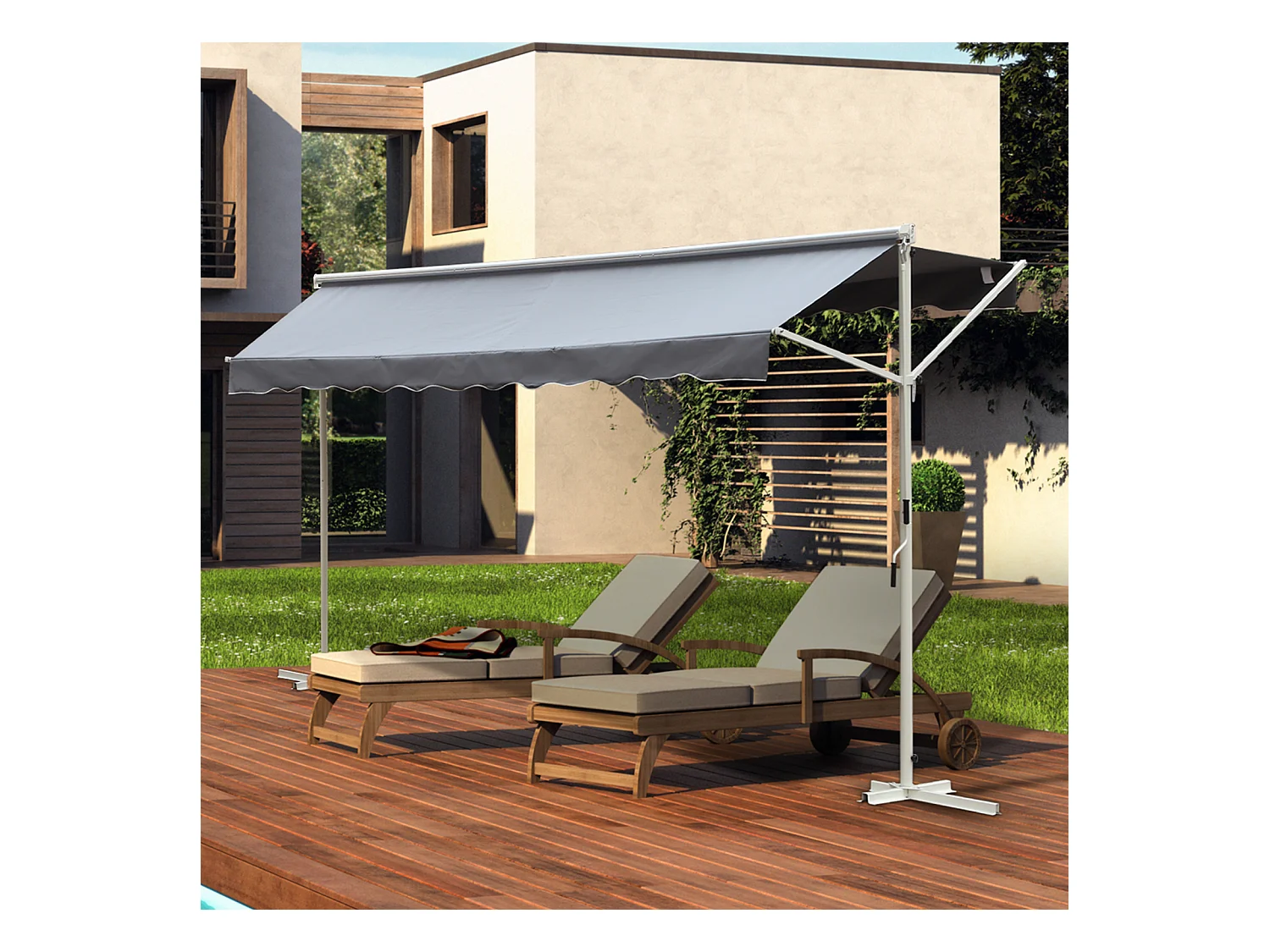 Store double pente manuel rétractable inclinaison réglable métal époxy blanc polyester imperméabilisé anti-UV gris dim. 3,95L x 2,98l x 2,55H m