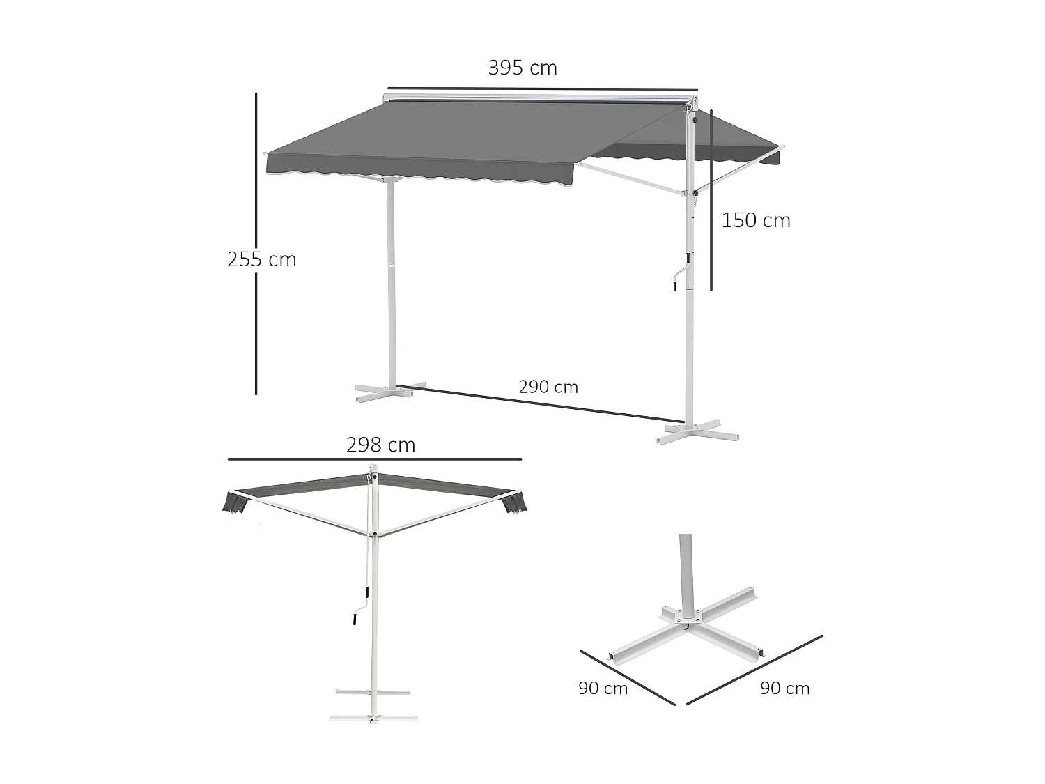 Store double pente manuel rétractable inclinaison réglable métal époxy blanc polyester imperméabilisé anti-UV gris dim. 3,95L x 2,98l x 2,55H m