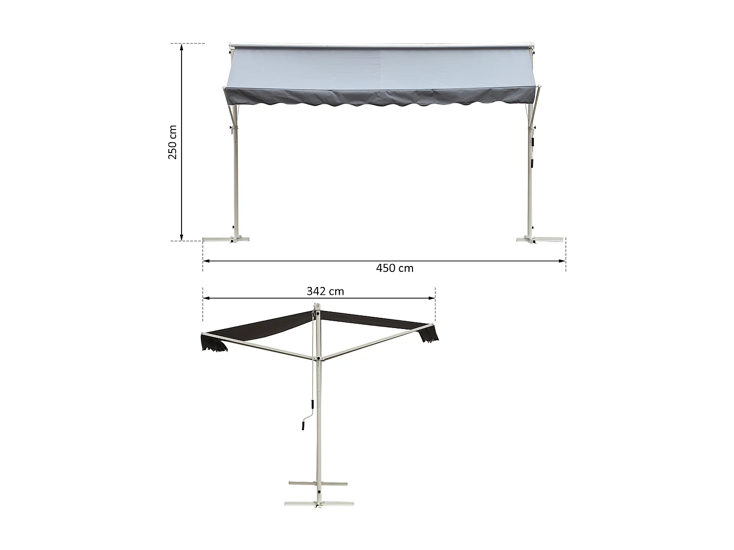 Store double pente manuel rétractable inclinaison réglable acier époxy blanc polyester imperméabilisé anti-UV gris dim. 4,50L x 3,40l x 2,55H m