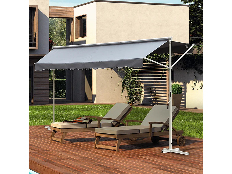 Store double pente manuel rétractable inclinaison réglable acier époxy blanc polyester imperméabilisé anti-UV gris dim. 4,50L x 3,40l x 2,55H m