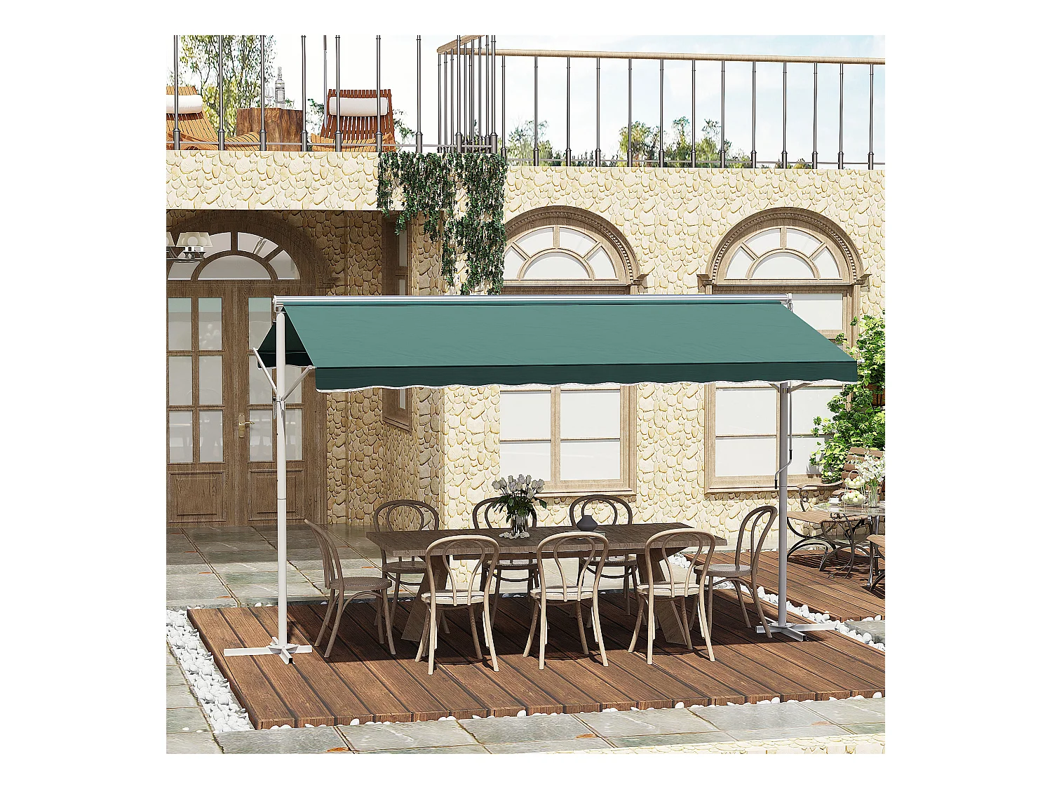 Store double pente manuel rétractable inclinaison réglable métal époxy blanc polyester imperméabilisé anti-UV vert dim. 3,95L x 2,98l x 2,55H m