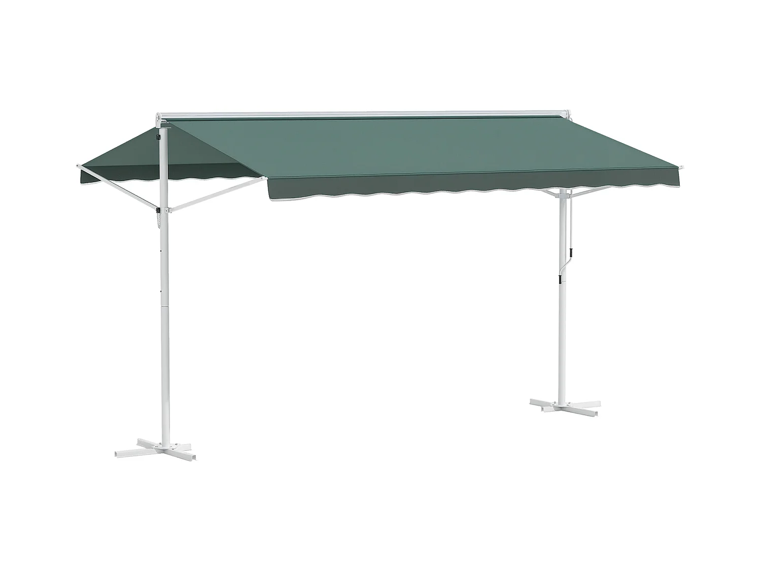 Store double pente manuel rétractable inclinaison réglable métal époxy blanc polyester imperméabilisé anti-UV vert dim. 3,95L x 2,98l x 2,55H m