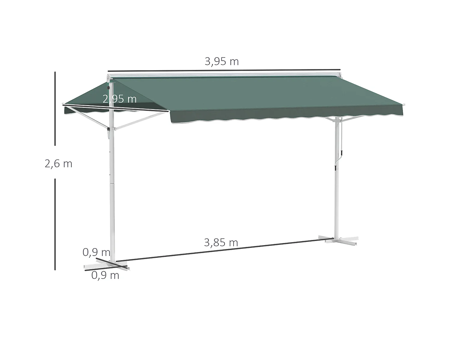 Store double pente manuel rétractable inclinaison réglable métal époxy blanc polyester imperméabilisé anti-UV vert dim. 3,95L x 2,98l x 2,55H m