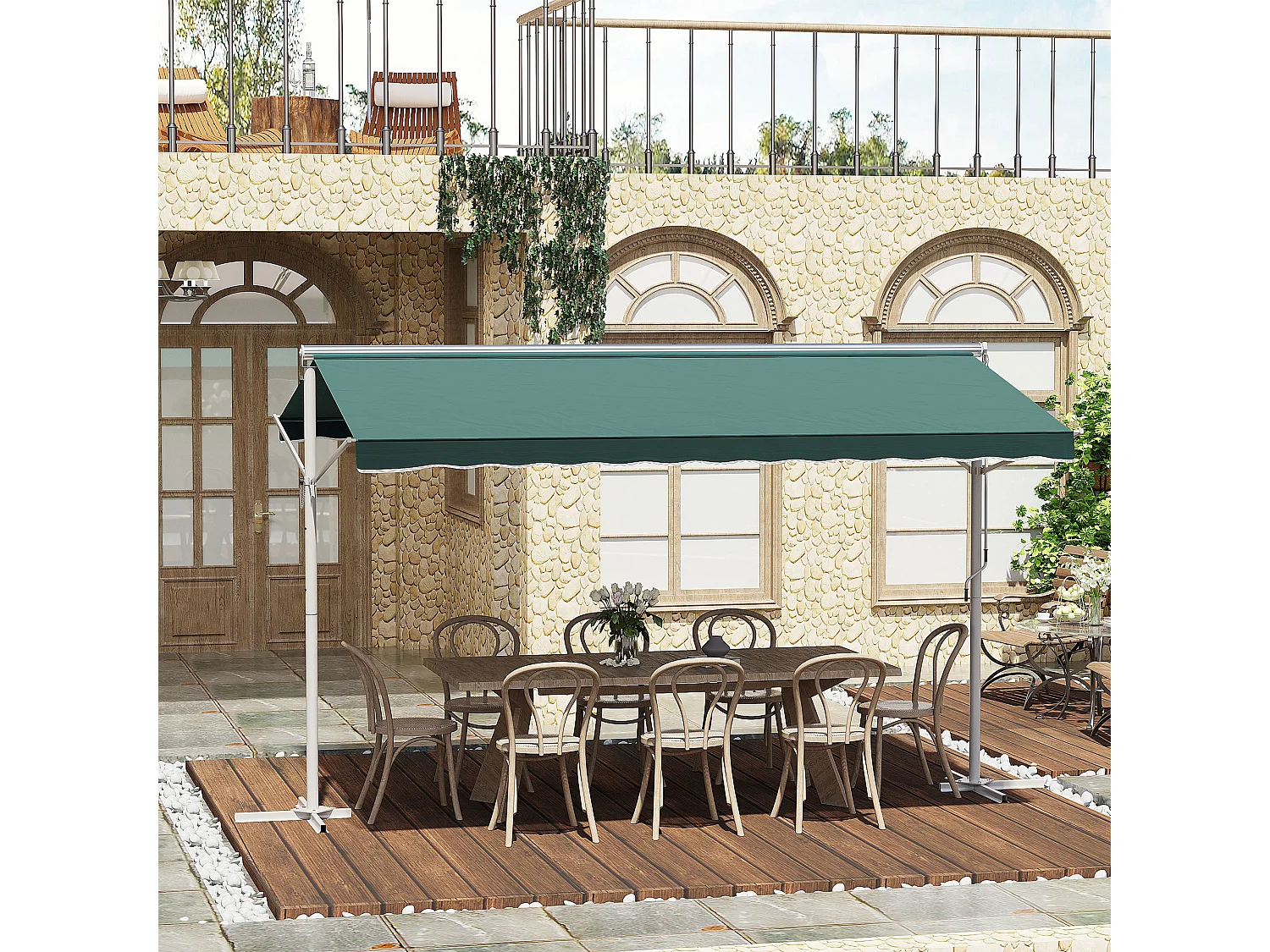 Store double pente manuel rétractable inclinaison réglable métal époxy blanc polyester imperméabilisé anti-UV vert dim. 3,95L x 2,98l x 2,55H m