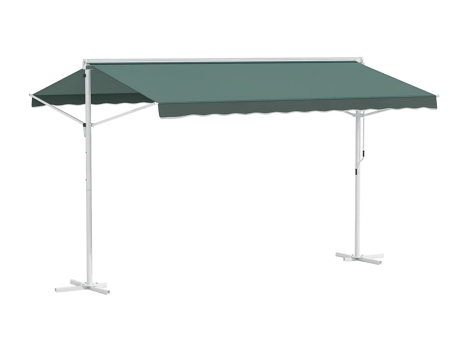 Store double pente manuel rétractable inclinaison réglable métal époxy blanc polyester imperméabilisé anti-UV vert dim. 3,95L x 2,98l x 2,55H m