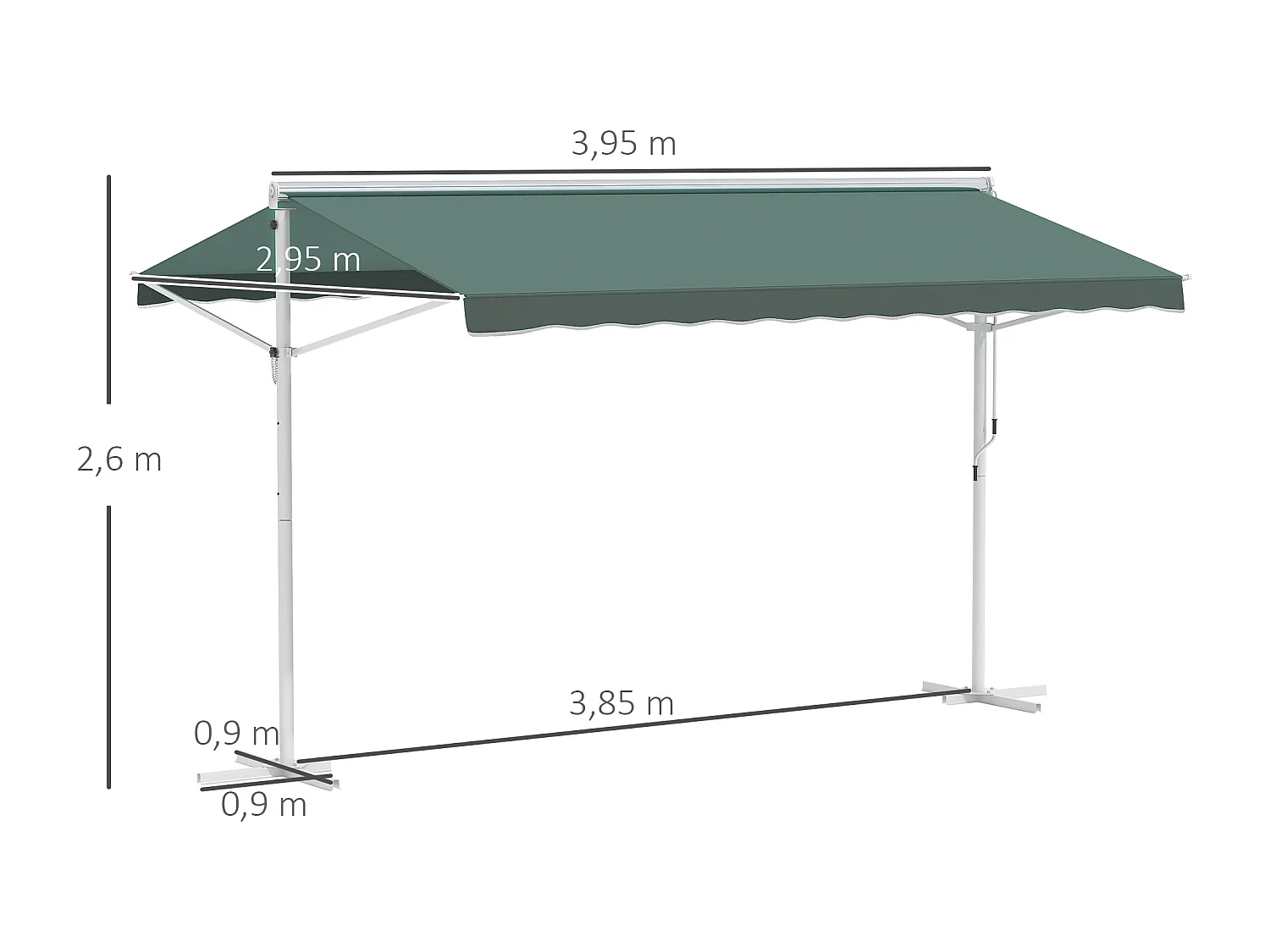 Store double pente manuel rétractable inclinaison réglable métal époxy blanc polyester imperméabilisé anti-UV vert dim. 3,95L x 2,98l x 2,55H m