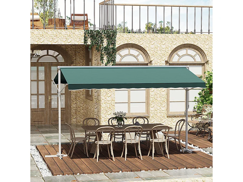 Store double pente manuel rétractable inclinaison réglable métal époxy blanc polyester imperméabilisé anti-UV vert dim. 3,95L x 2,98l x 2,55H m