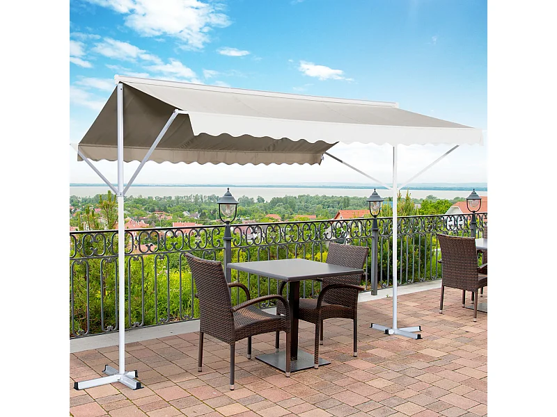 Store double pente manuel rétractable inclinaison réglable acier époxy blanc polyester imperméabilisé anti-UV beige dim. 4,50L x 3,40l x 2,55H m