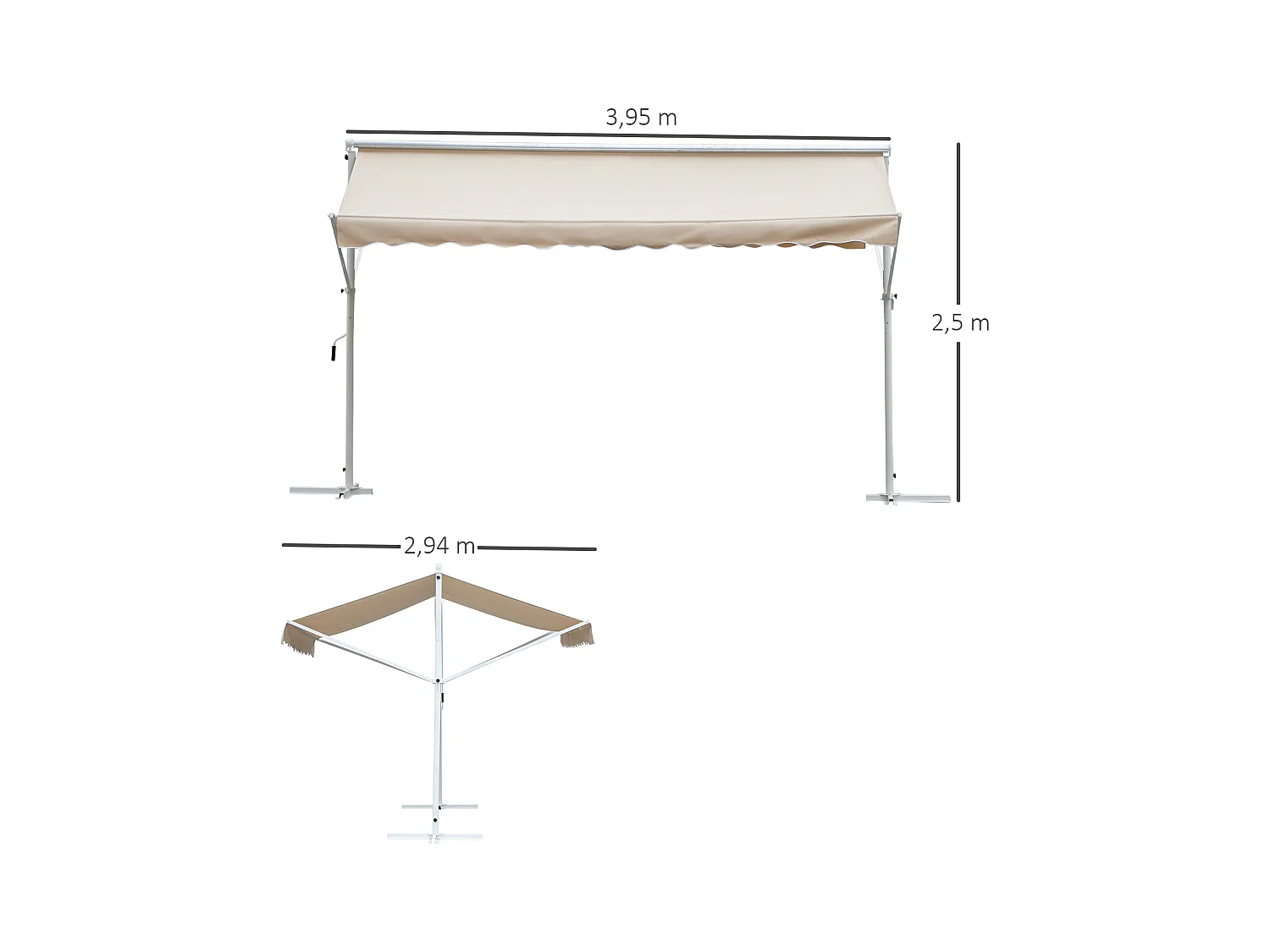 Store double pente manuel rétractable inclinaison réglable acier époxy blanc polyester imperméabilisé anti-UV beige dim. 4,50L x 3,40l x 2,55H m