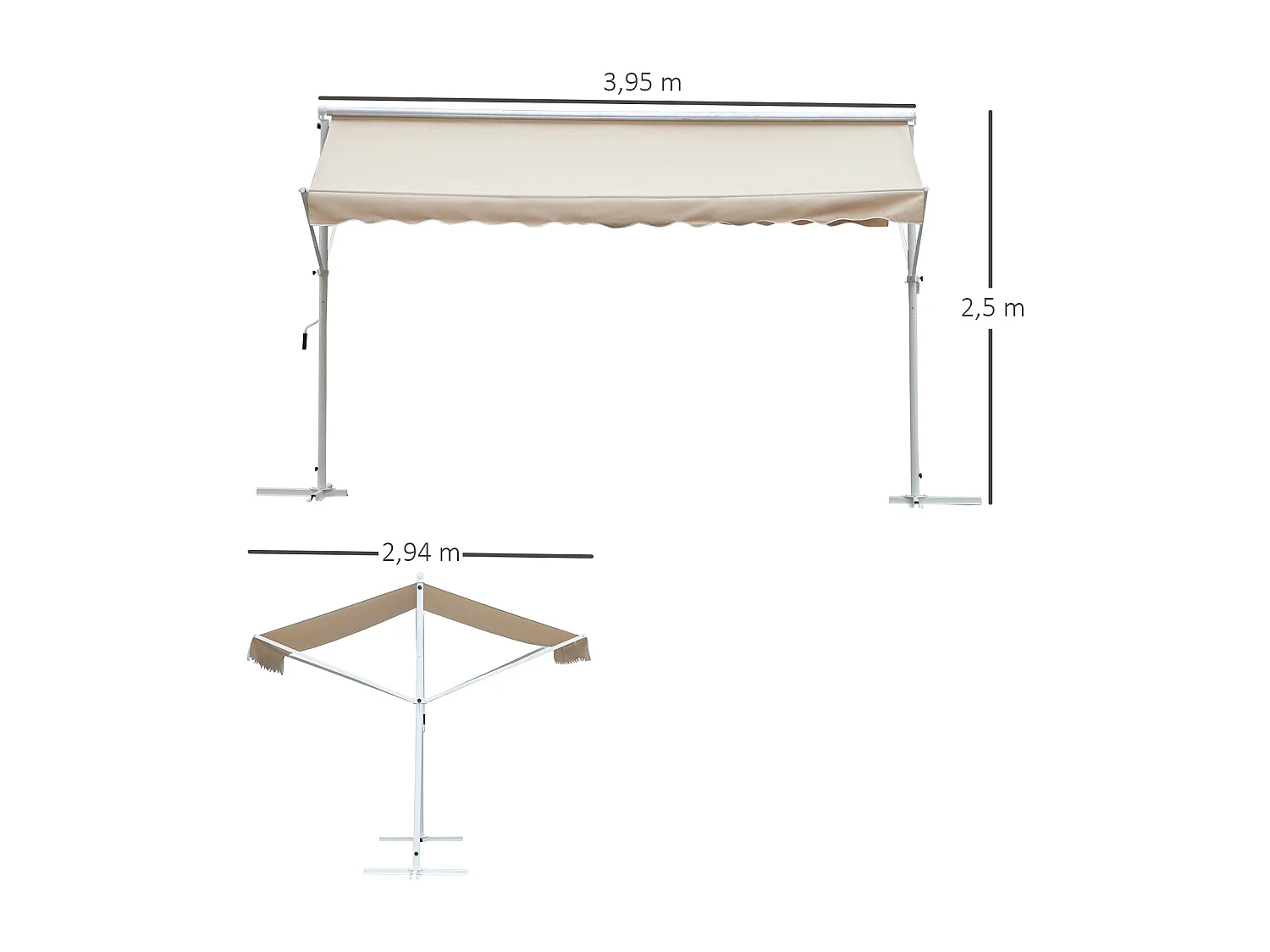 Store double pente manuel rétractable inclinaison réglable acier époxy blanc polyester imperméabilisé anti-UV beige dim. 4,50L x 3,40l x 2,55H m