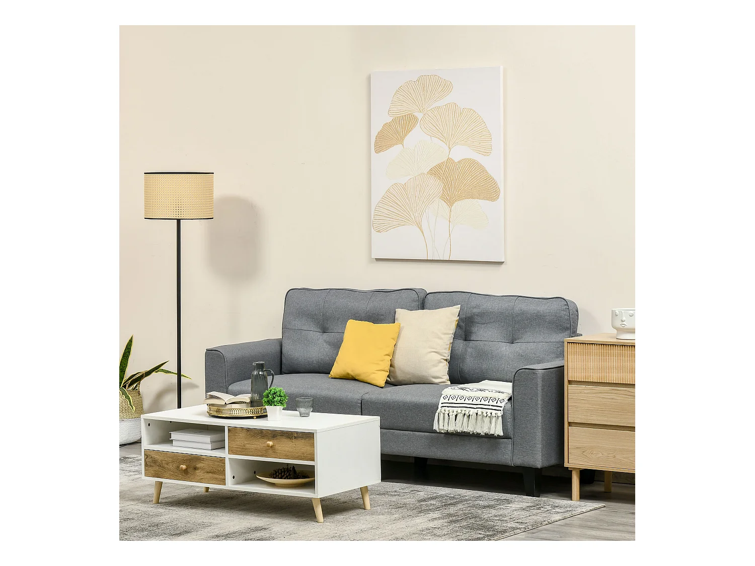 Tableau imprimé et peint feuilles ginkgo biloba - dim. 100L x 80l cm - décoration murale - toile 100% polyester structure bois de pin encre dorée blanc
