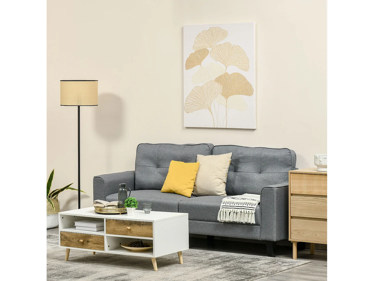 Tableau imprimé et peint feuilles ginkgo biloba - dim. 100L x 80l cm - décoration murale - toile 100% polyester structure bois de pin encre dorée blanc